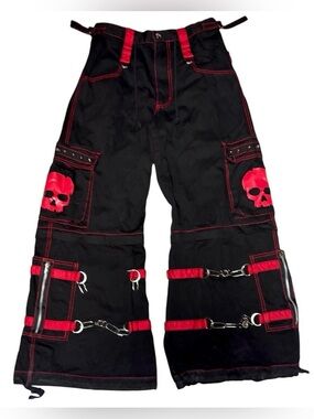 Tripp NYC Y2K Cyber Bondage Strap Rave Wide Leg Pants Shorts Black Red Skull
